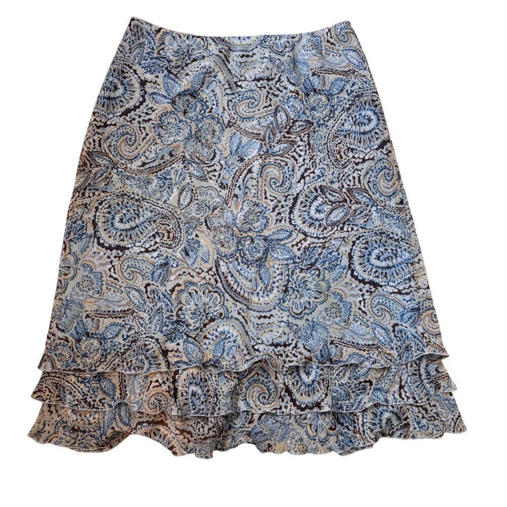 Notations Blue Paisley Tiered Ruffle Midi Skirt - Boho Cottagecore - Size L